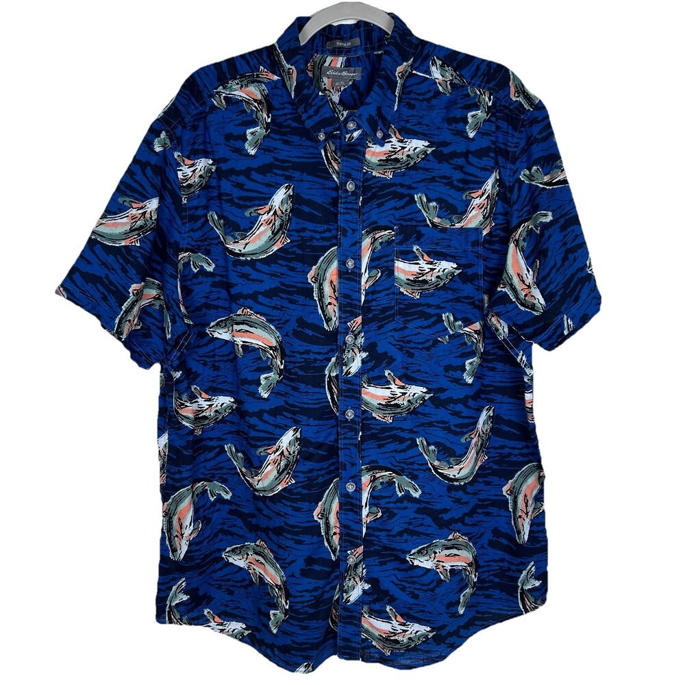 Eddie Bauer Shirt Mens XL Fish Print Blue Short Sleeve Button Up Outdoor Fishing